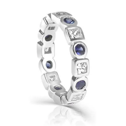 1.65 CT Round & Princess Cut Blue Sapphires & Diamonds - Eternity Ring