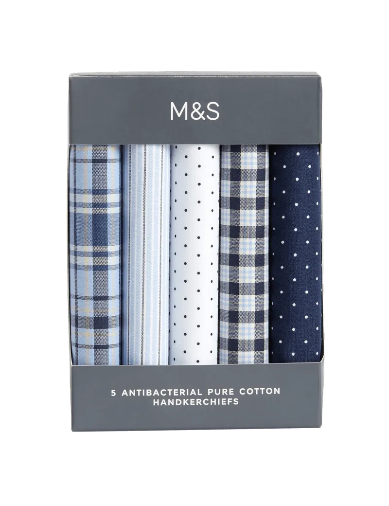 5pk Antibacterial Pure Cotton Handkerchiefs