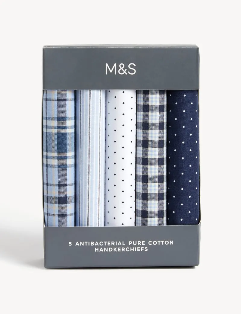 5pk Antibacterial Pure Cotton Handkerchiefs