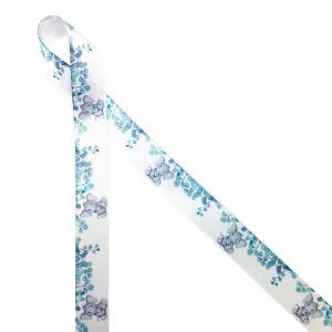 Baby Elephant ribbon with eucalyptus leaves printed on 5/8" white satin