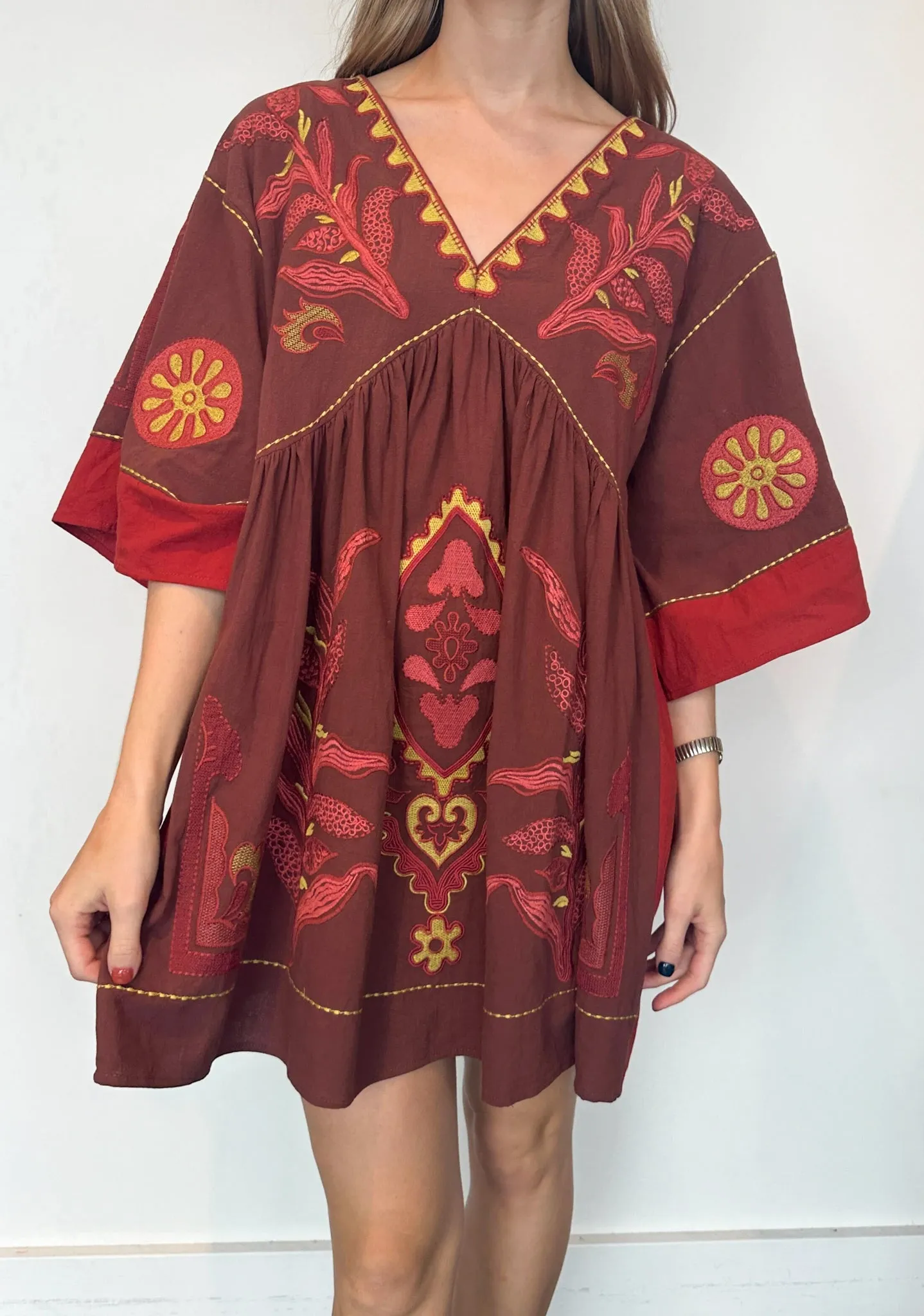Be Free Embroidered Dress - Crimson/Gold