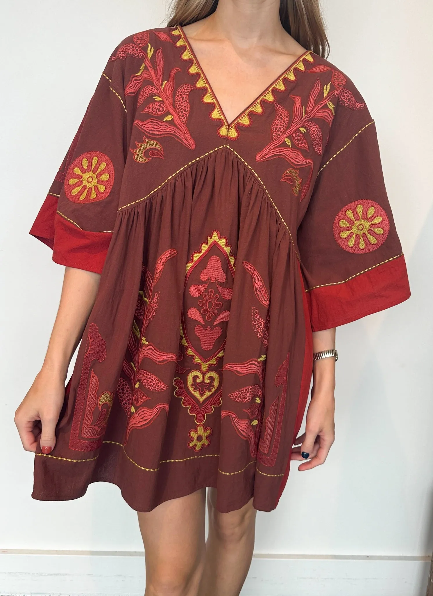 Be Free Embroidered Dress - Crimson/Gold