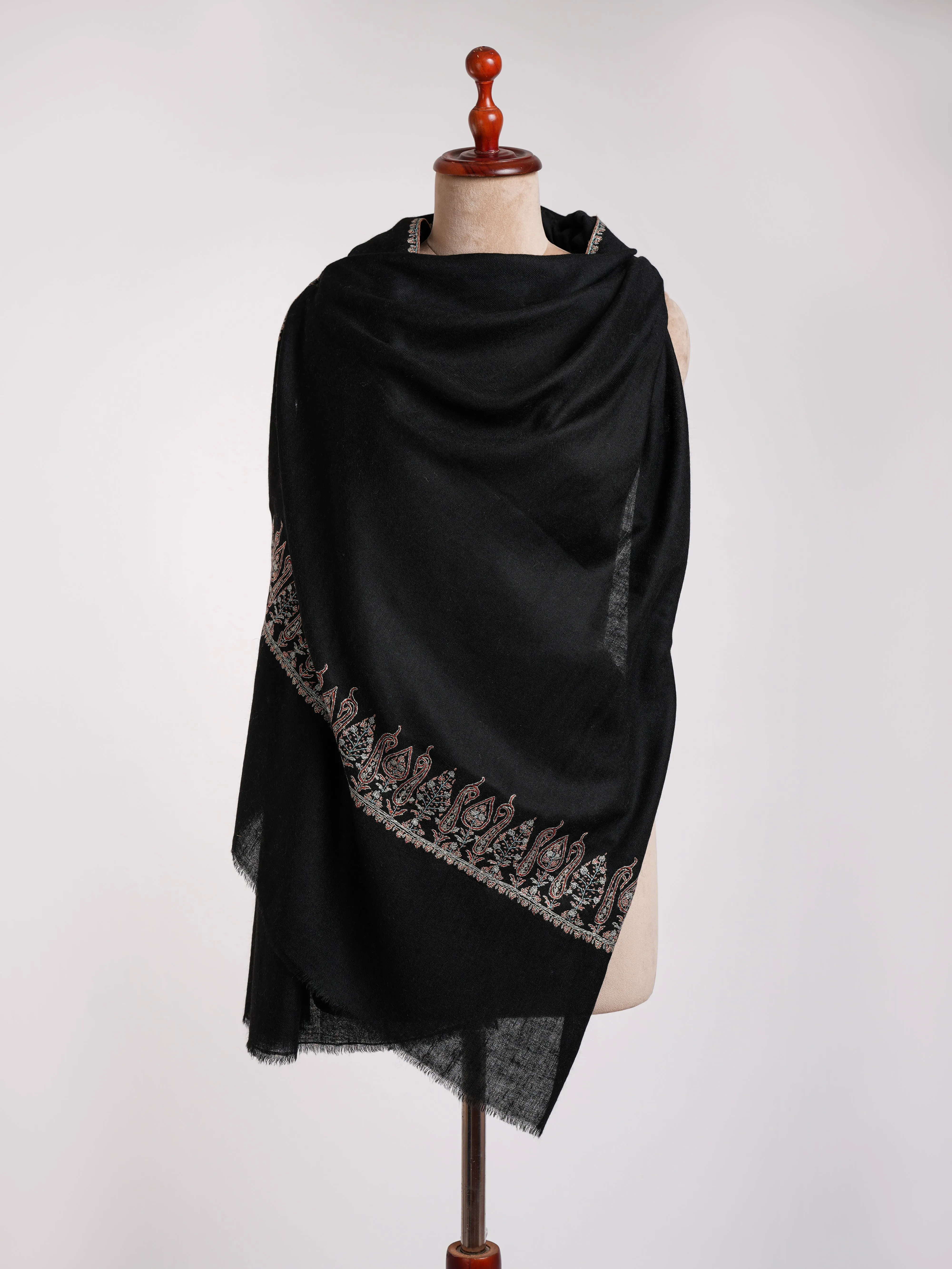 Black Sozni Embroidered Paisley Cashmere Stole