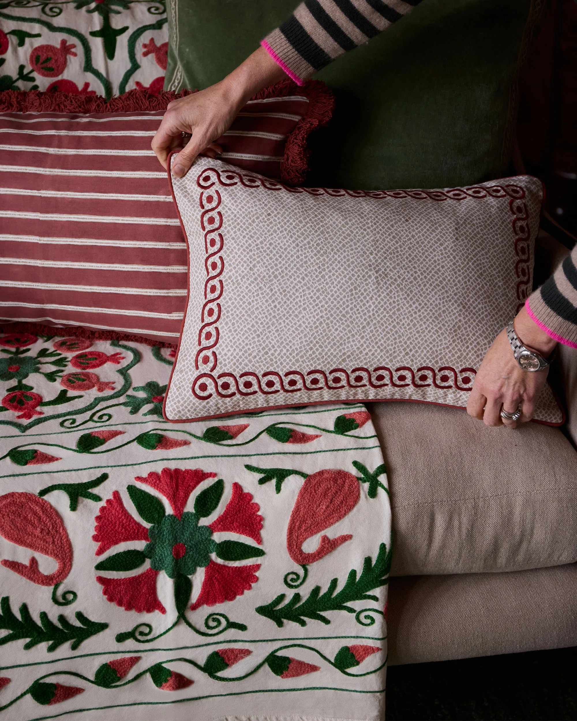 Calcada Embroidered Cushion - Red and Taupe