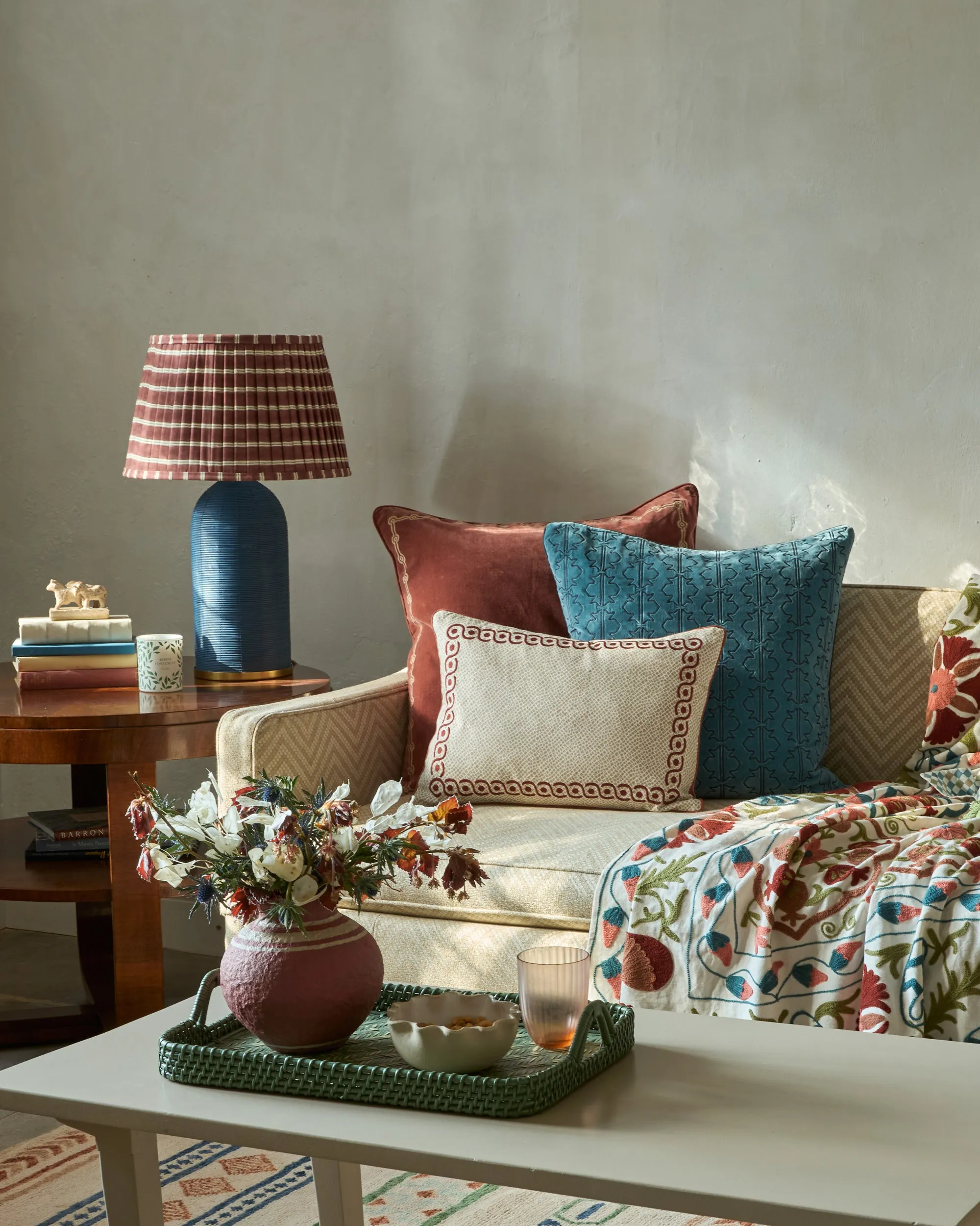 Calcada Embroidered Cushion - Red and Taupe