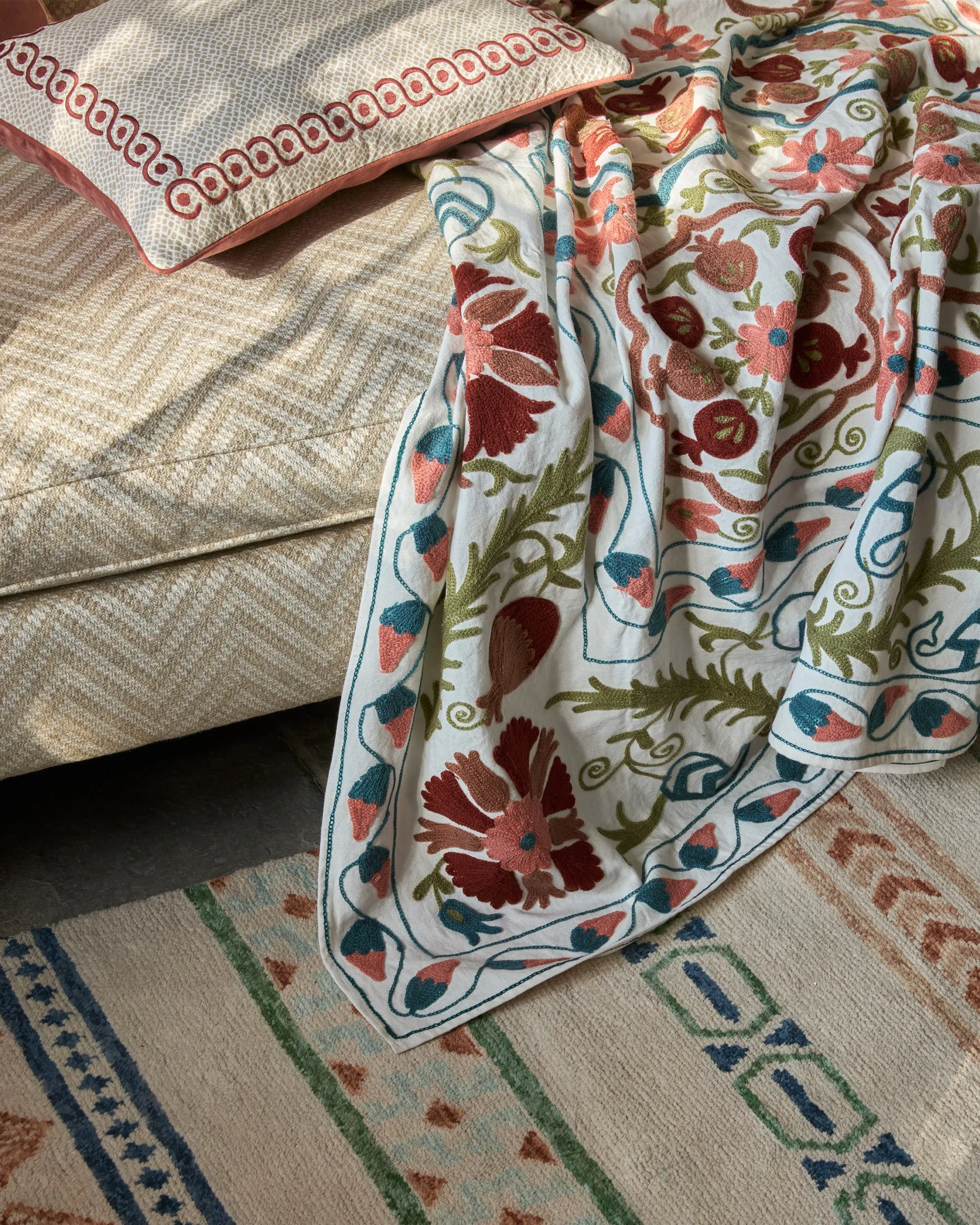 Calcada Embroidered Cushion - Red and Taupe