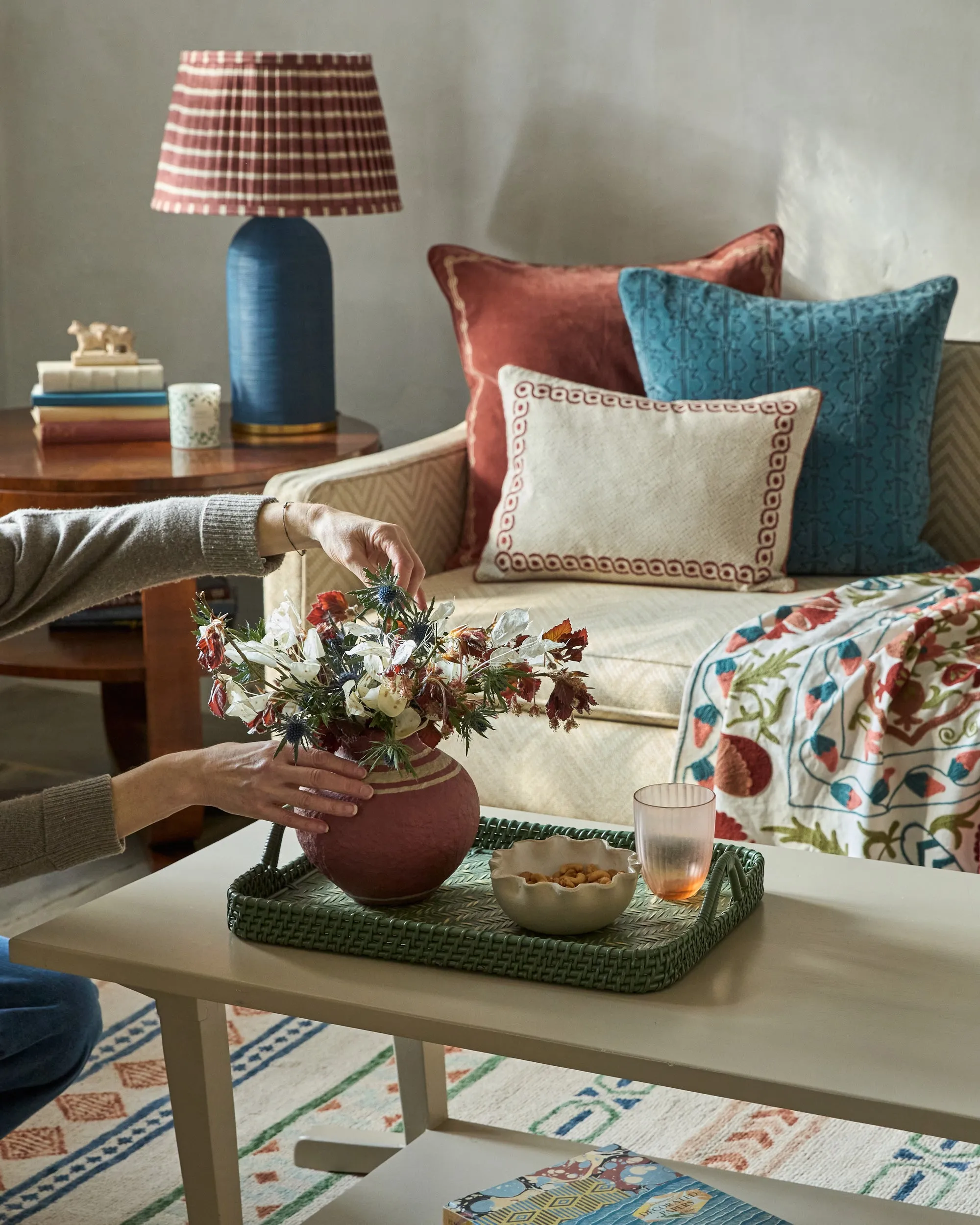 Calcada Embroidered Cushion - Red and Taupe