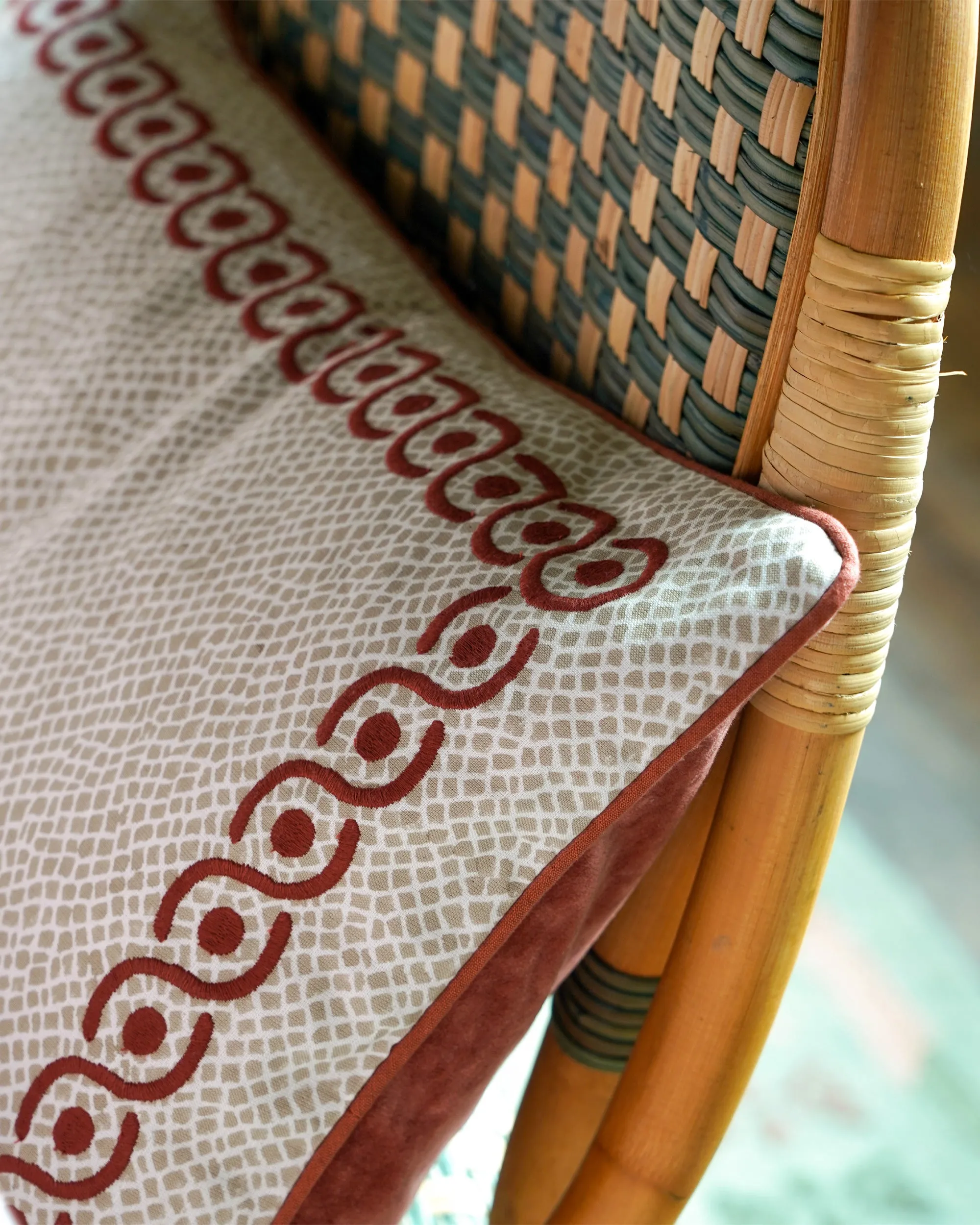 Calcada Embroidered Cushion - Red and Taupe