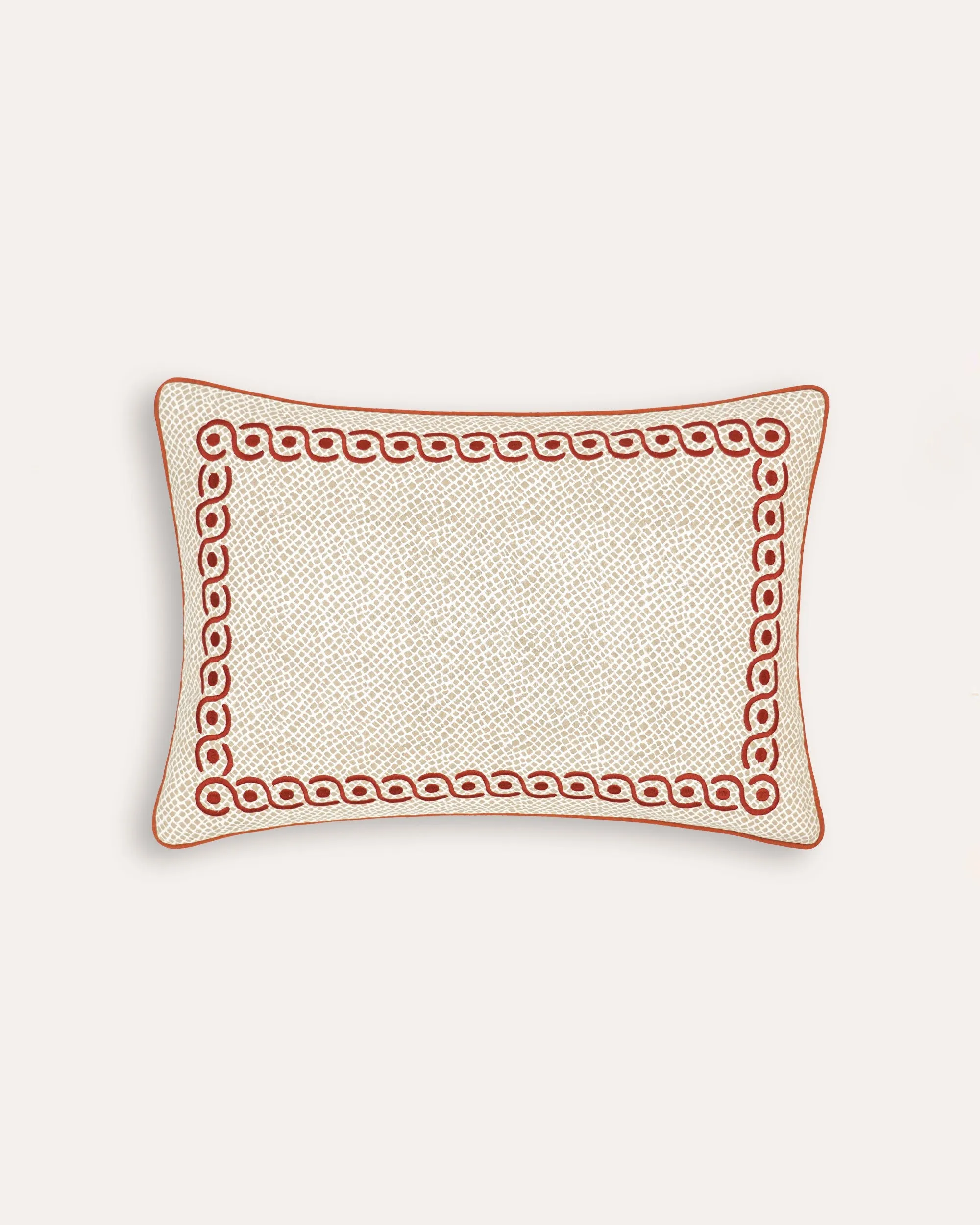 Calcada Embroidered Cushion - Red and Taupe