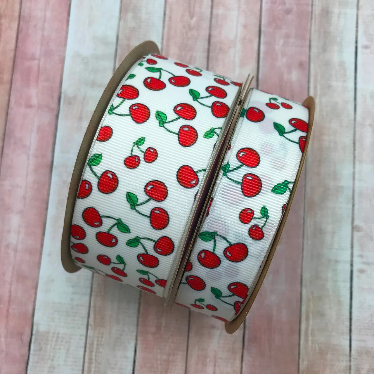Cherries Ribbon on 1.5" White grosgrain, 10 Yard
