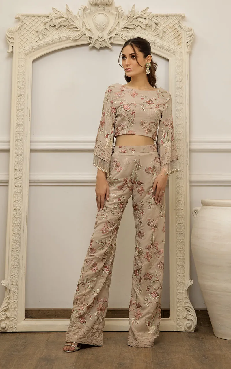 Chiffon Embroidered Top with Embroidered Trouser