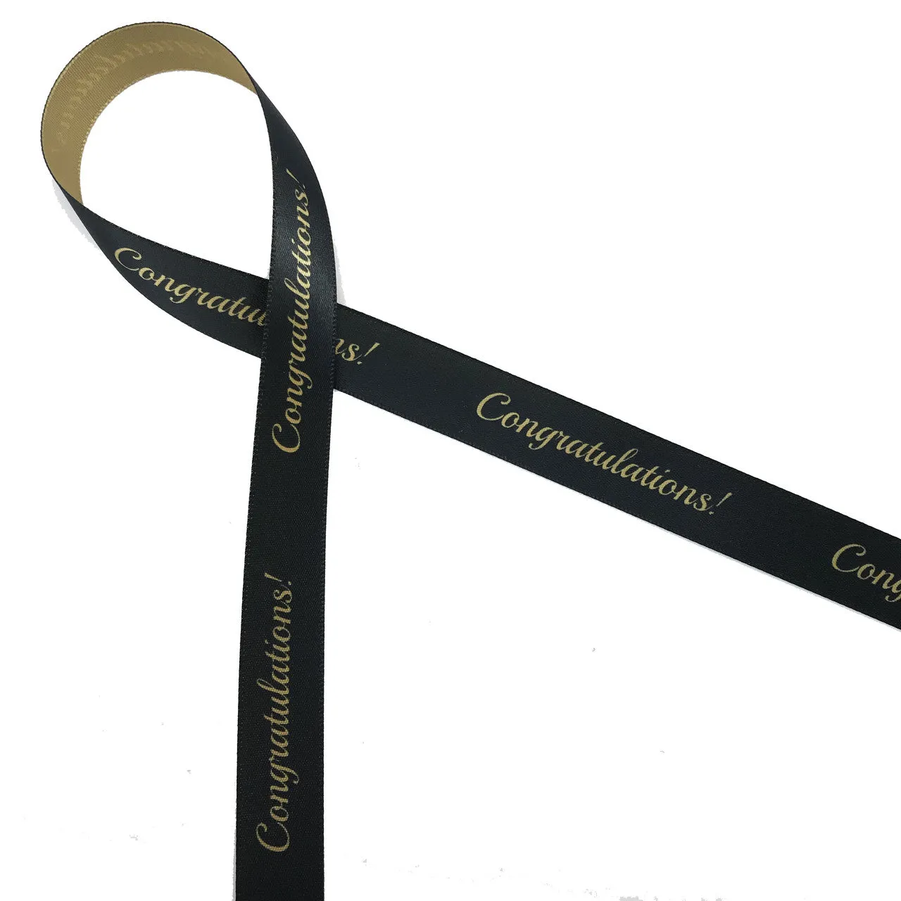 Congratulations Ribbon in gold on a black background printed on 5/8" Dijon gold