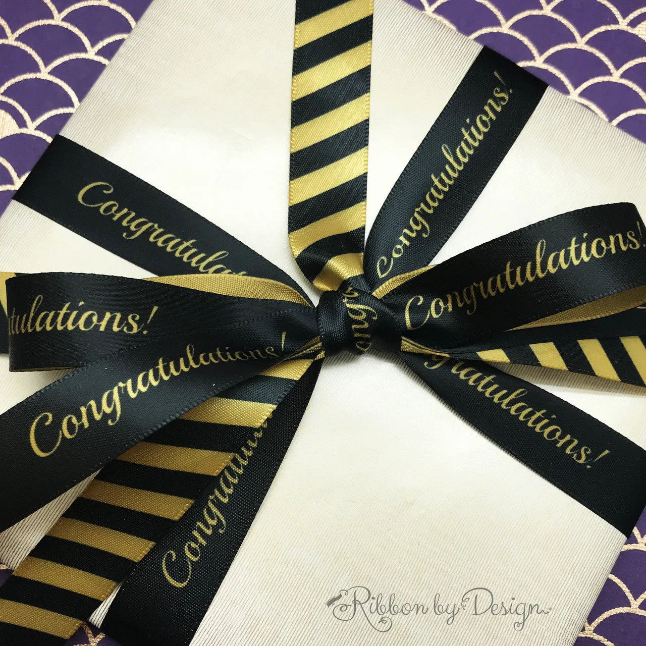 Congratulations Ribbon in gold on a black background printed on 5/8" Dijon gold