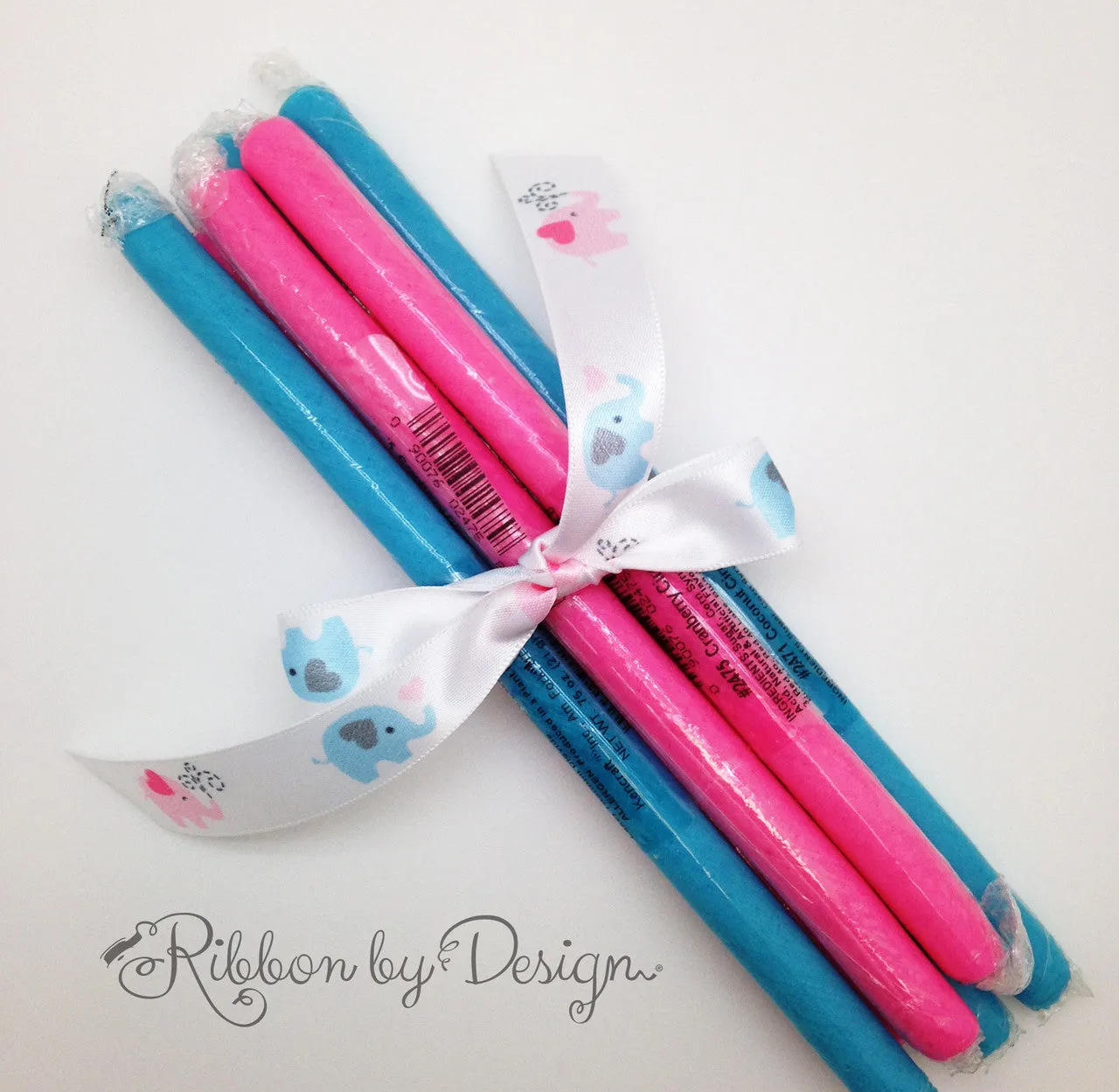 Elephants in a Row Ribbon Pink and Blue printed on 5/8" white single face satin
