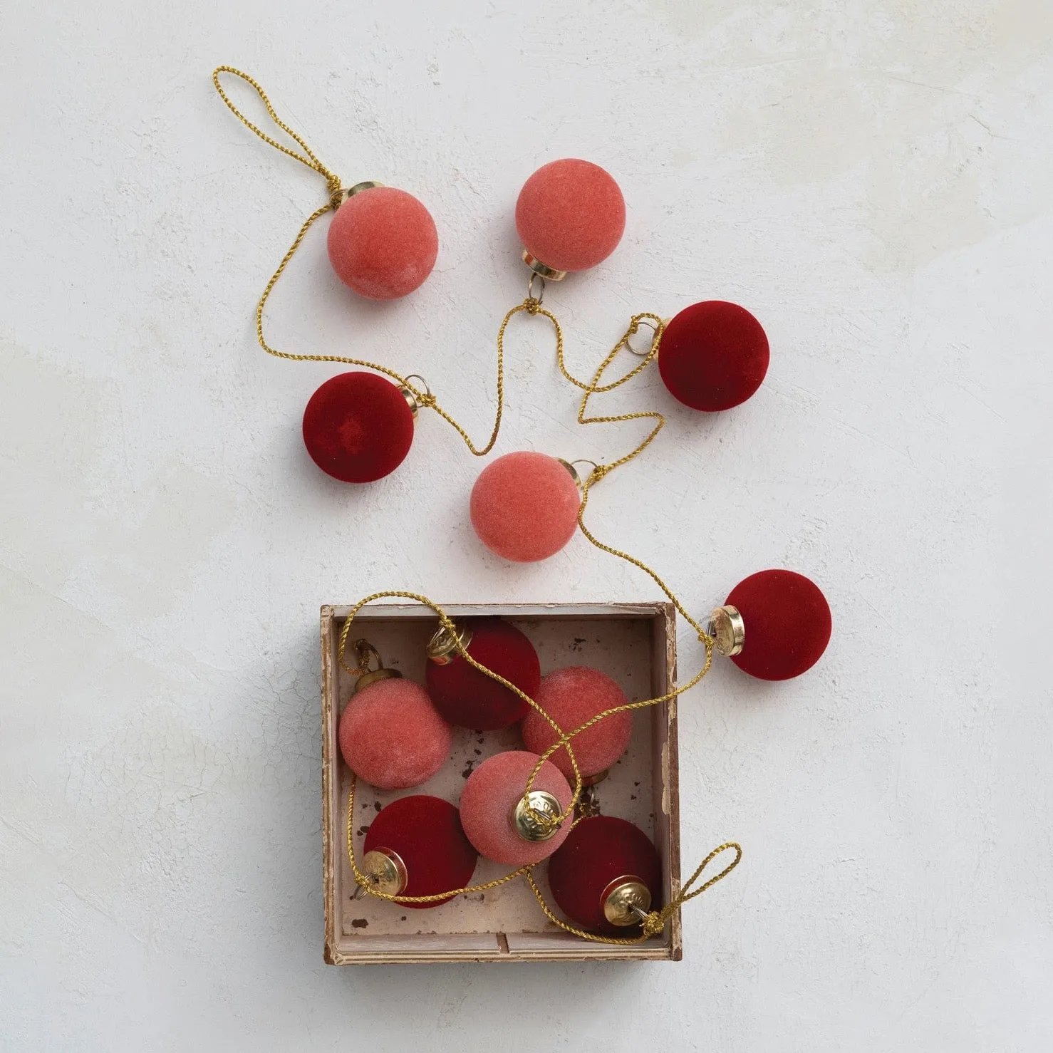 Flocked Glass Ball Ornament Garland with a Gold Cord, Pink & Red