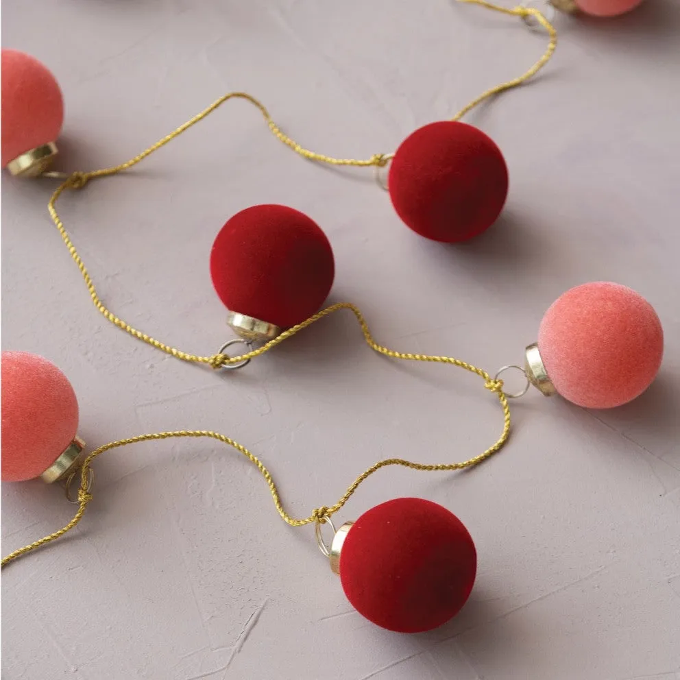 Flocked Glass Ball Ornament Garland with a Gold Cord, Pink & Red