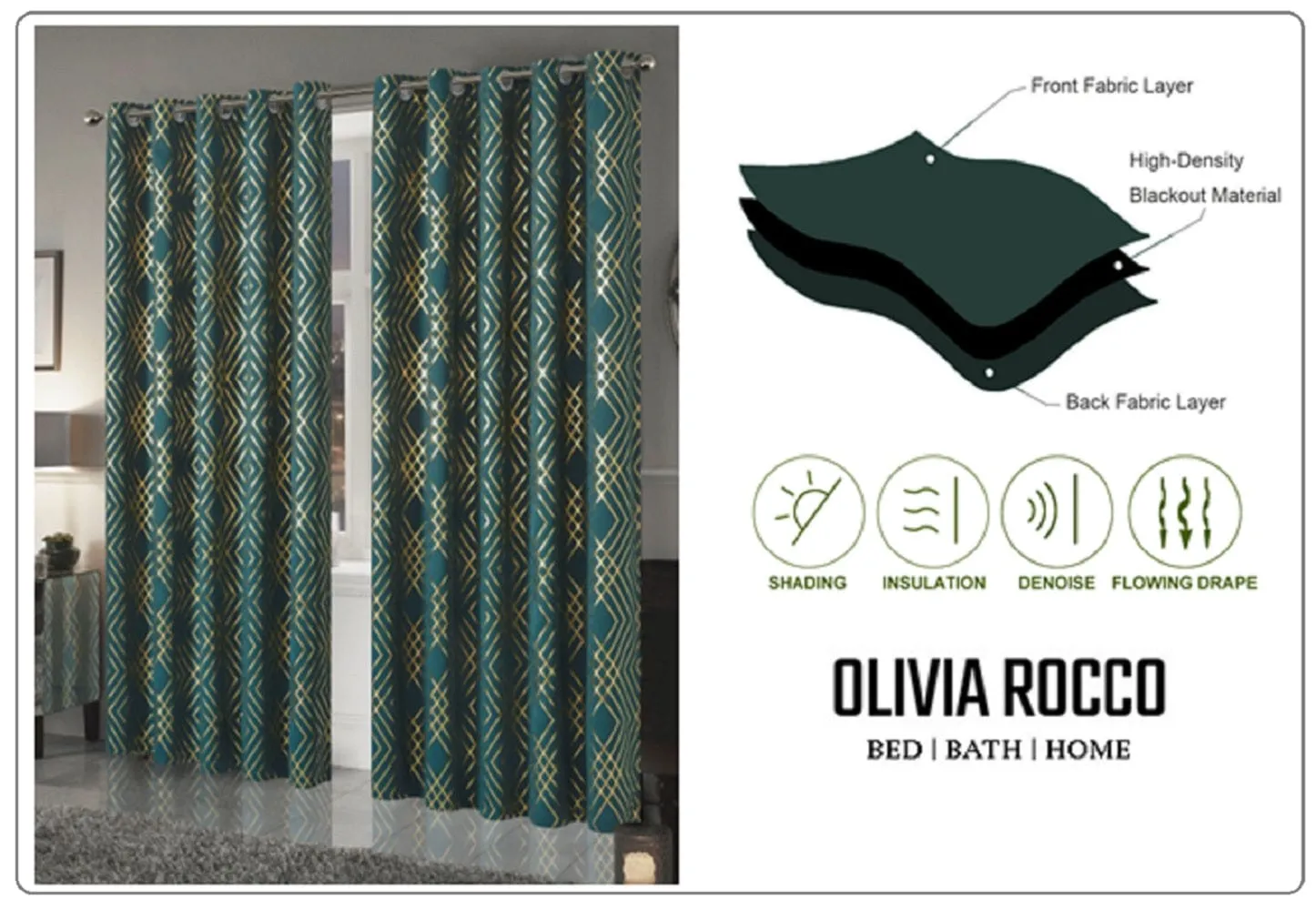 Geometric Blackout Thermal Insulated Curtains with Metallic Foil Print Light Blocking for Living Room and Bedroom by OLIVIA ROCCO