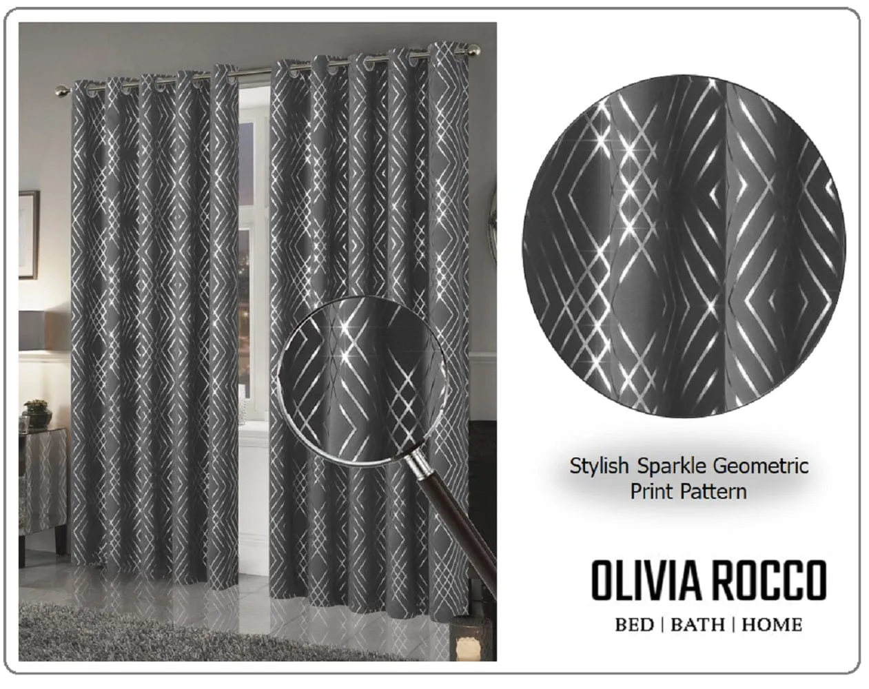 Geometric Blackout Thermal Insulated Curtains with Metallic Foil Print Light Blocking for Living Room and Bedroom by OLIVIA ROCCO
