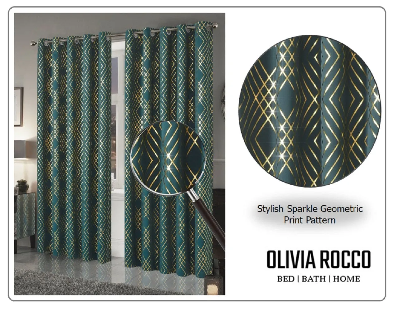 Geometric Blackout Thermal Insulated Curtains with Metallic Foil Print Light Blocking for Living Room and Bedroom by OLIVIA ROCCO