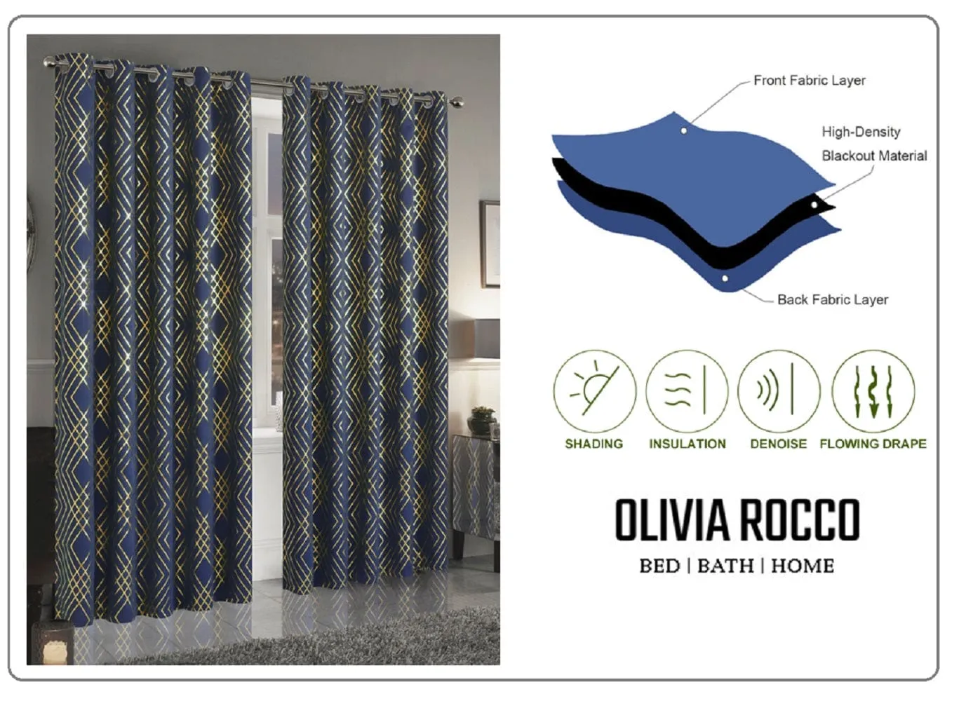 Geometric Blackout Thermal Insulated Curtains with Metallic Foil Print Light Blocking for Living Room and Bedroom by OLIVIA ROCCO