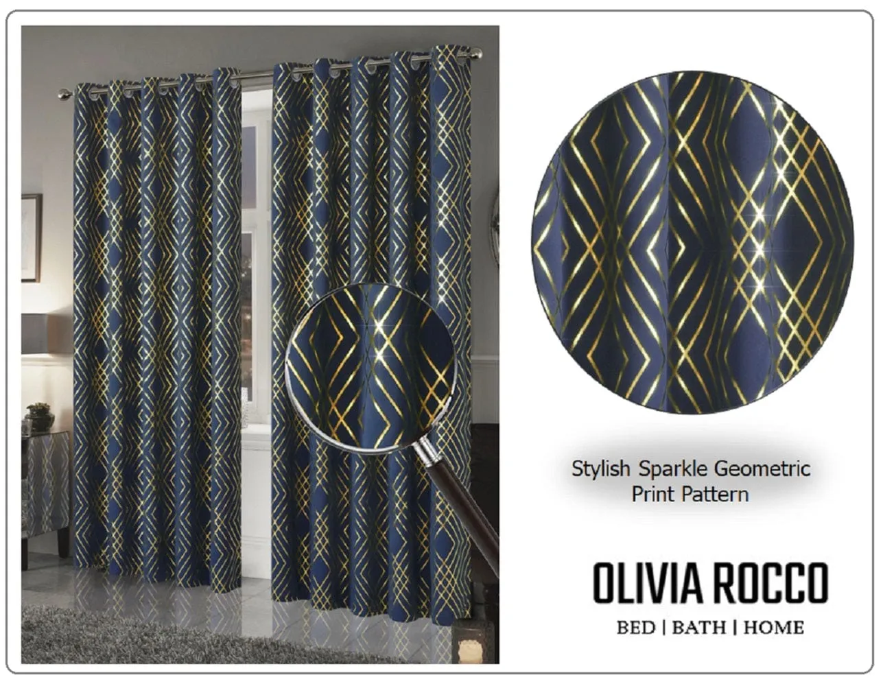 Geometric Blackout Thermal Insulated Curtains with Metallic Foil Print Light Blocking for Living Room and Bedroom by OLIVIA ROCCO