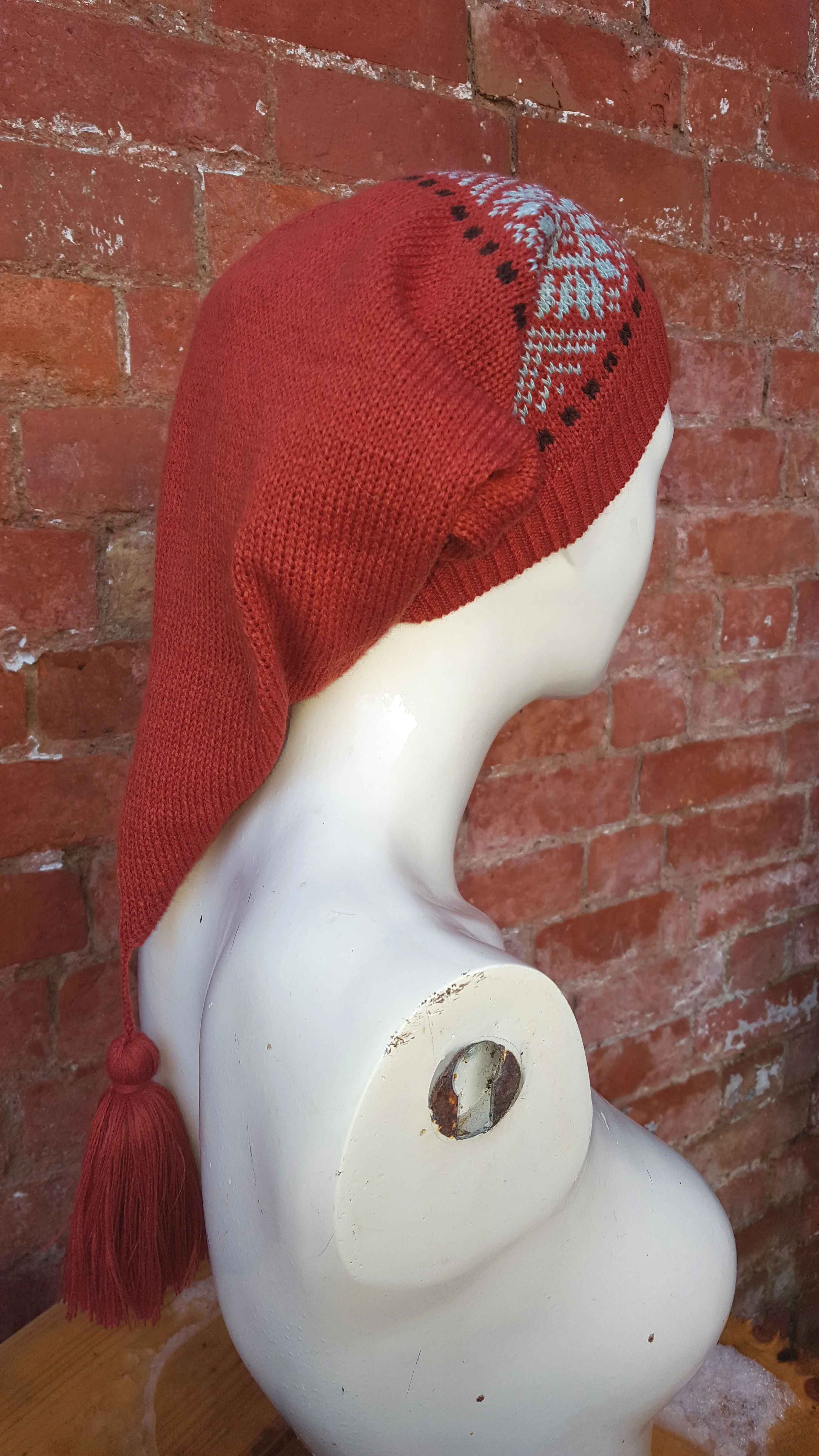 gingerbread coloured Winter Pixie Hat, fair isle pattern, one size fits all, unisex ski hat