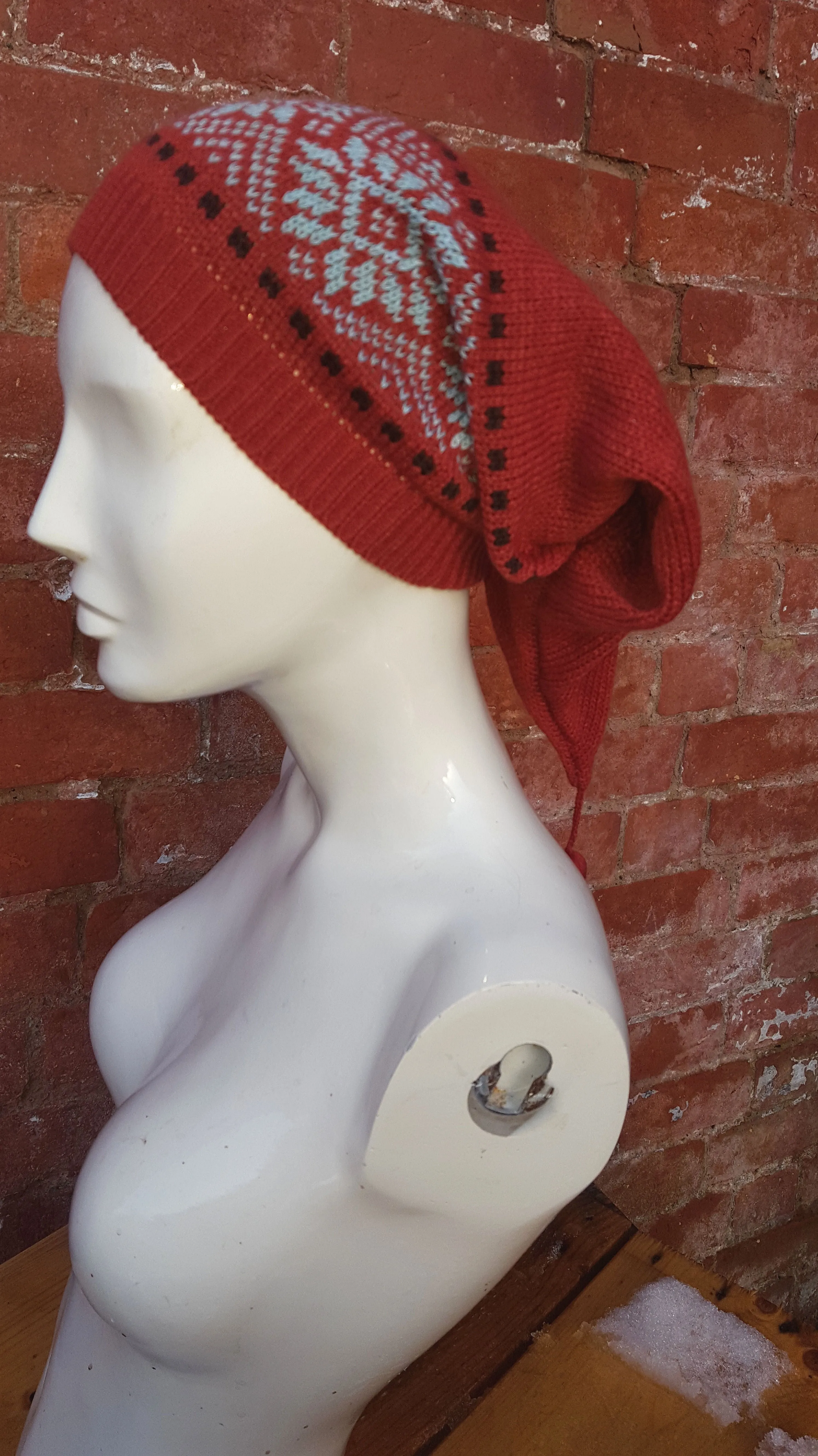 gingerbread coloured Winter Pixie Hat, fair isle pattern, one size fits all, unisex ski hat
