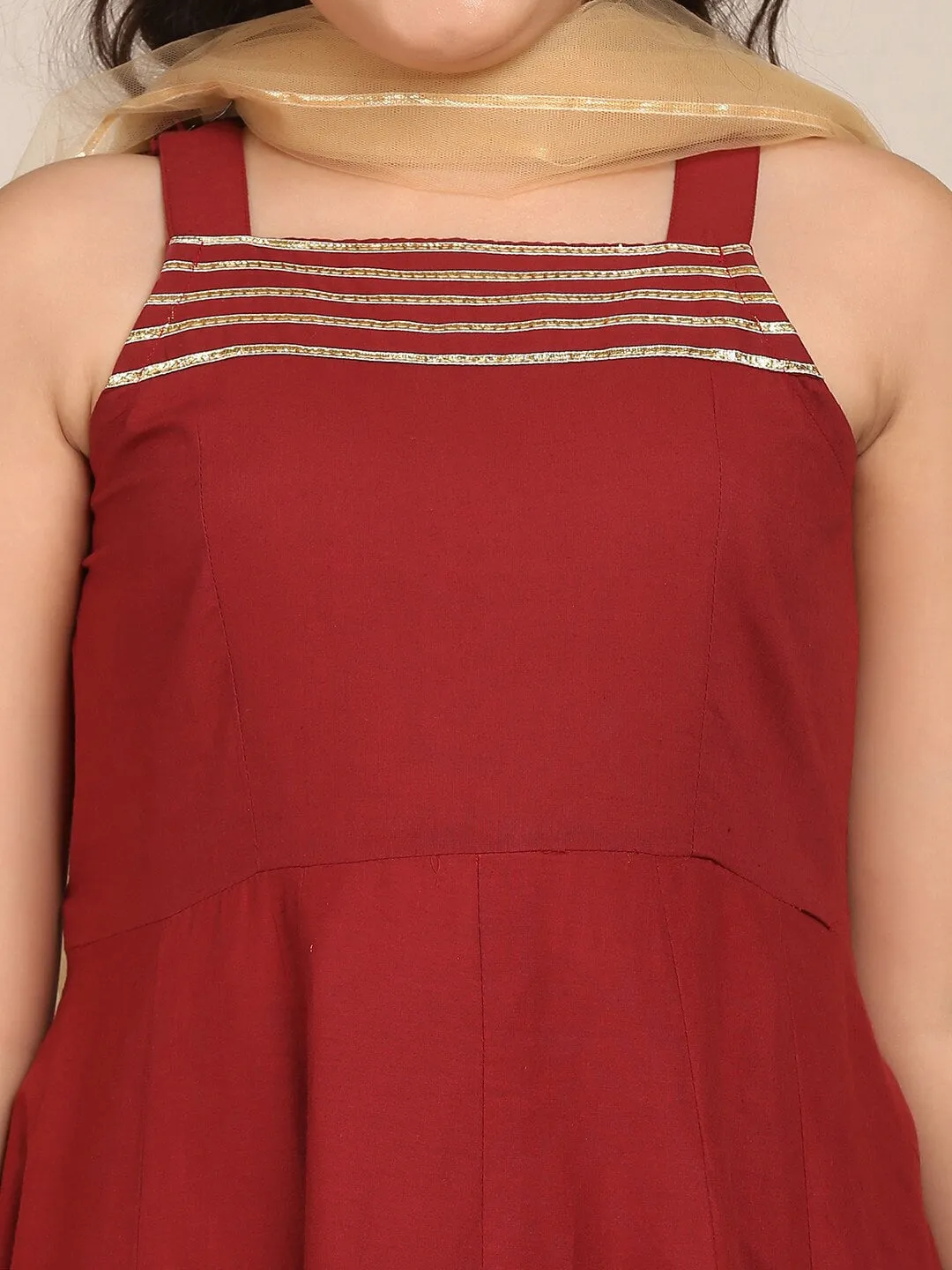 Girls Maroon Floral Printed Kurta With Palazzos & With Dupatta