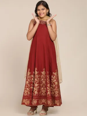 Girls Maroon Floral Printed Kurta With Palazzos & With Dupatta