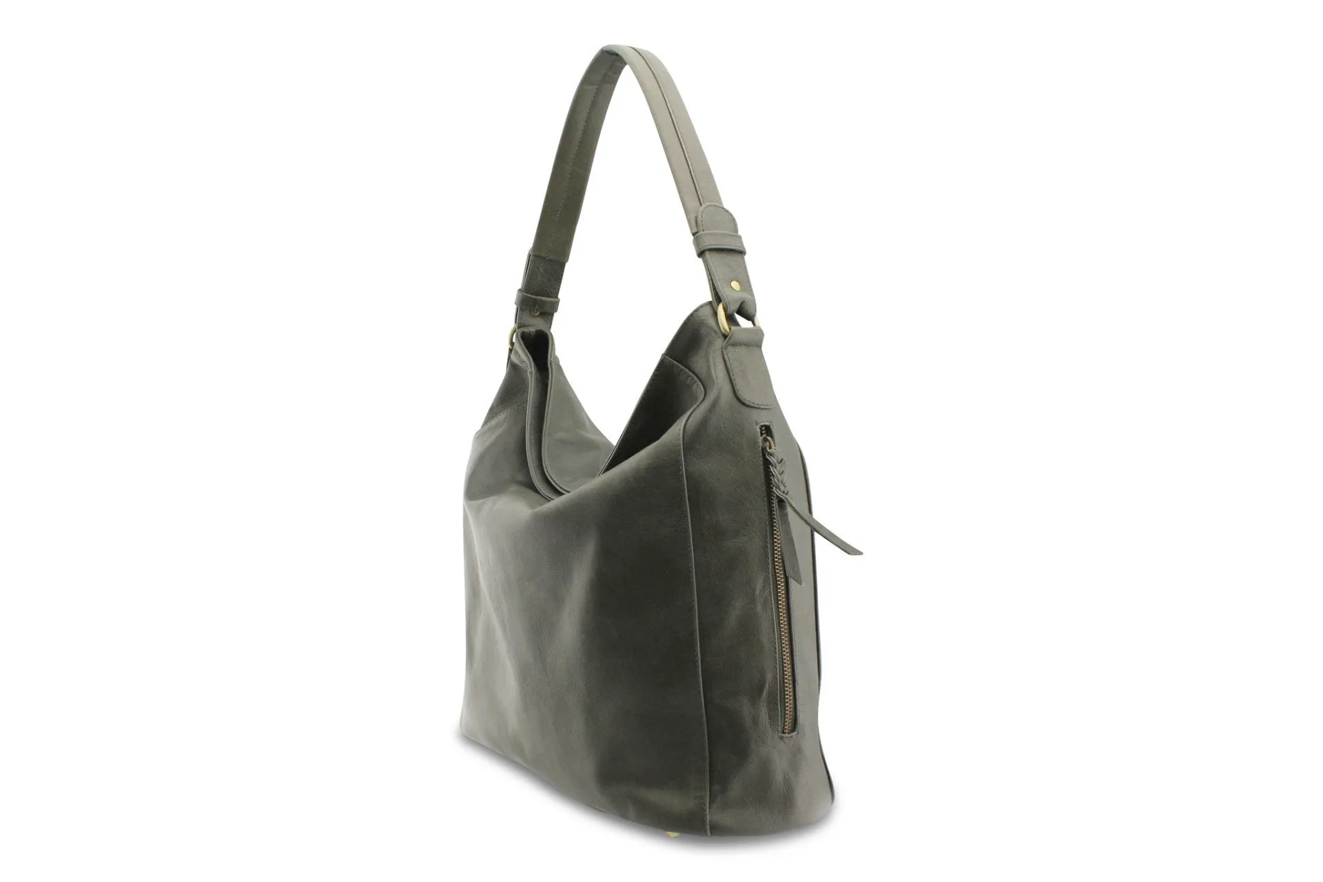 LOLA HOBO LEATHER HANDBAG IN OLIVE-GREY