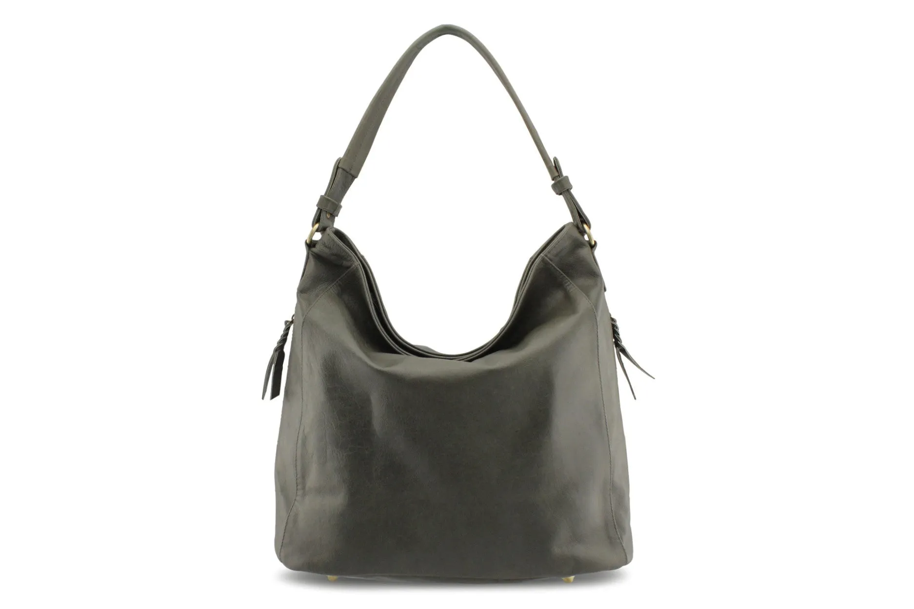 LOLA HOBO LEATHER HANDBAG IN OLIVE-GREY
