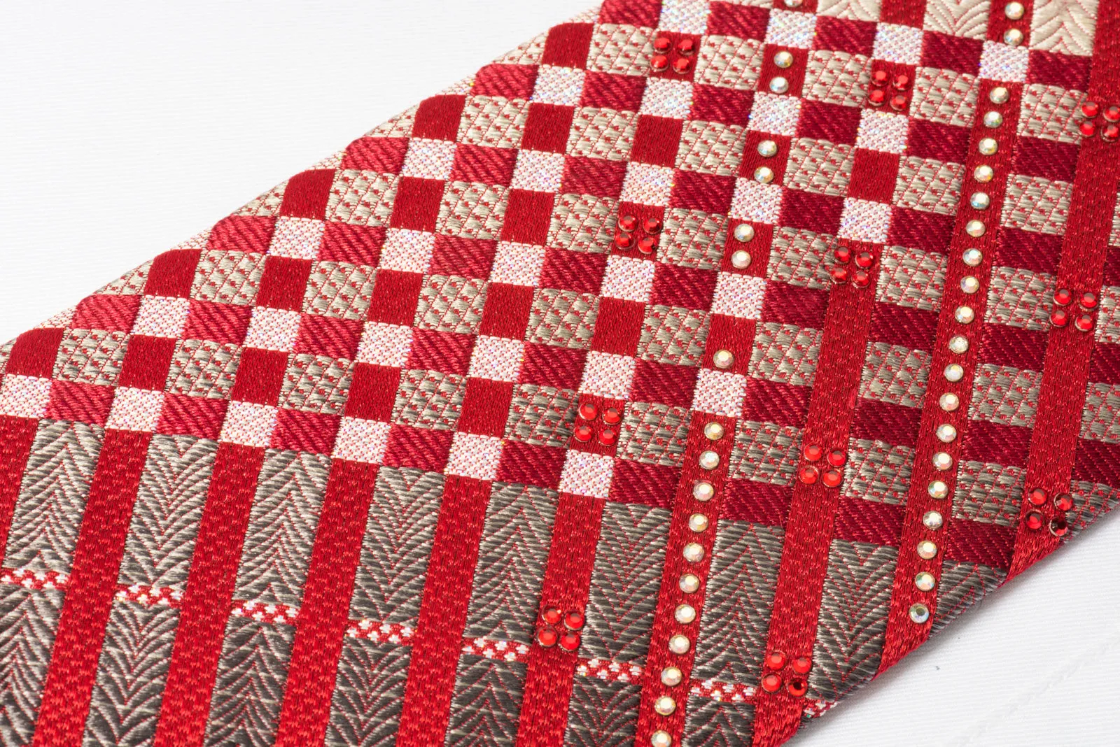 Louis Quatorze Rhinestone Necktie Burgundy Silver Checker With Silver Sparkles