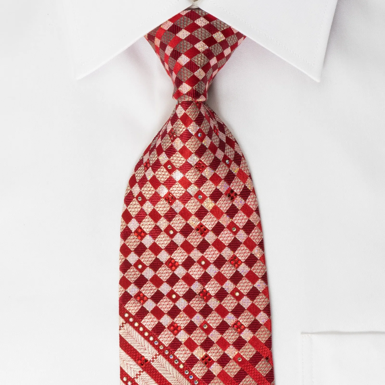 Louis Quatorze Rhinestone Necktie Burgundy Silver Checker With Silver Sparkles