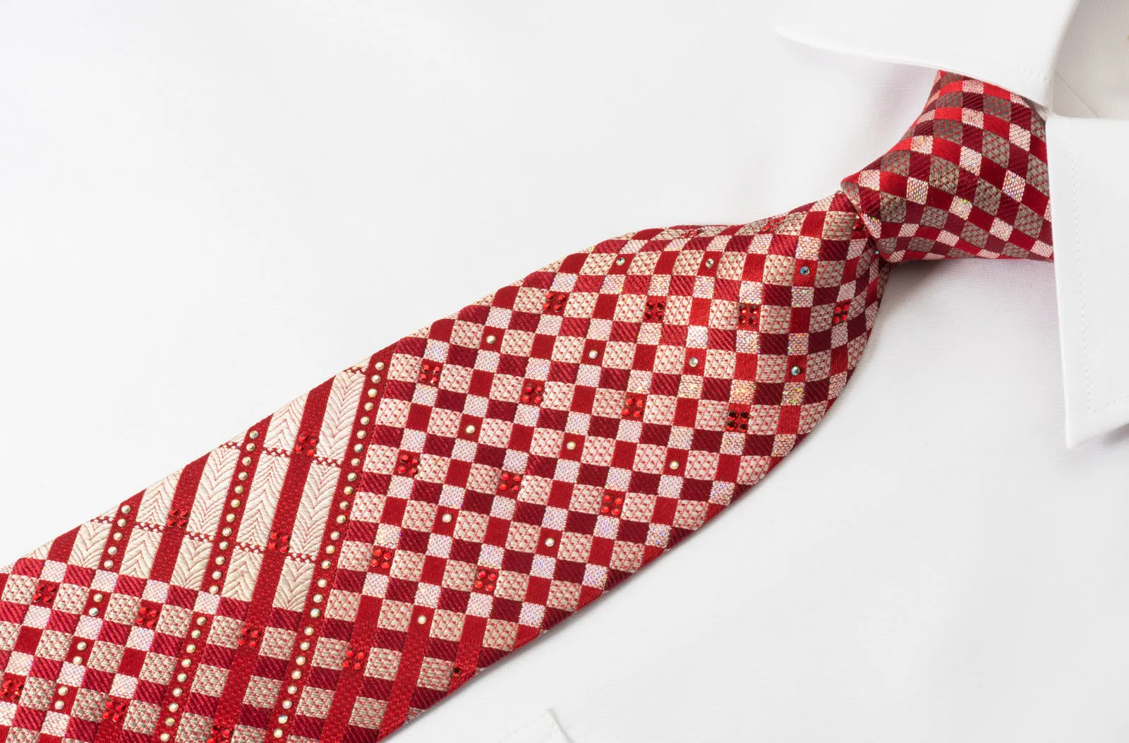 Louis Quatorze Rhinestone Necktie Burgundy Silver Checker With Silver Sparkles