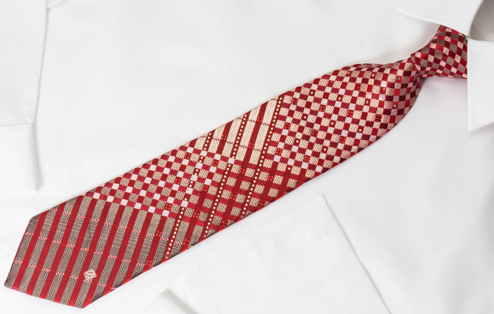 Louis Quatorze Rhinestone Necktie Burgundy Silver Checker With Silver Sparkles