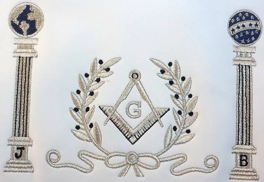 Master Mason Blue Lodge Apron - Navy Blue with Pillars Silver Hand Embroidery