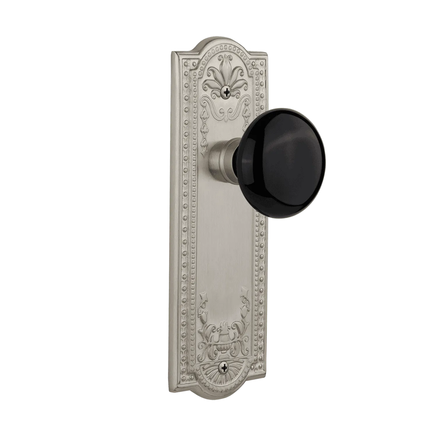 Meadows Long Plate with Black Porcelain Knob in Satin Nickel