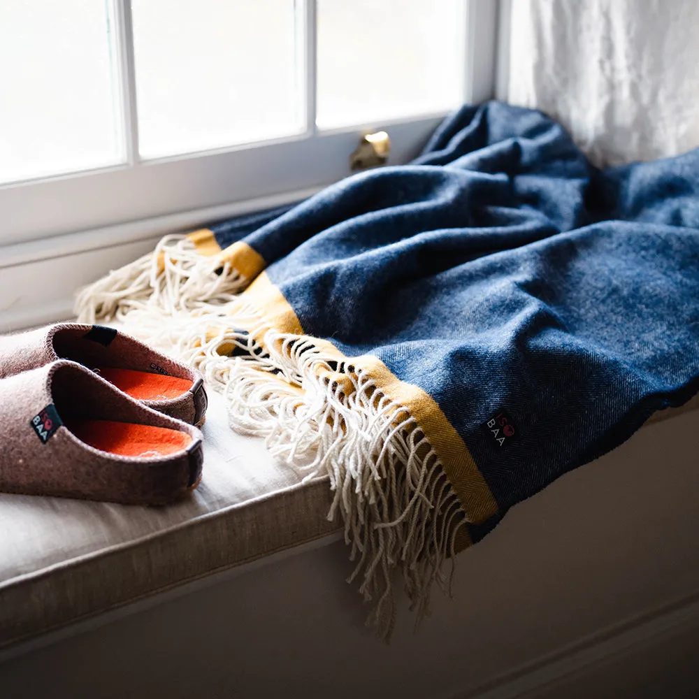 Merino Herringbone Throw (Navy/Mustard Stripe)