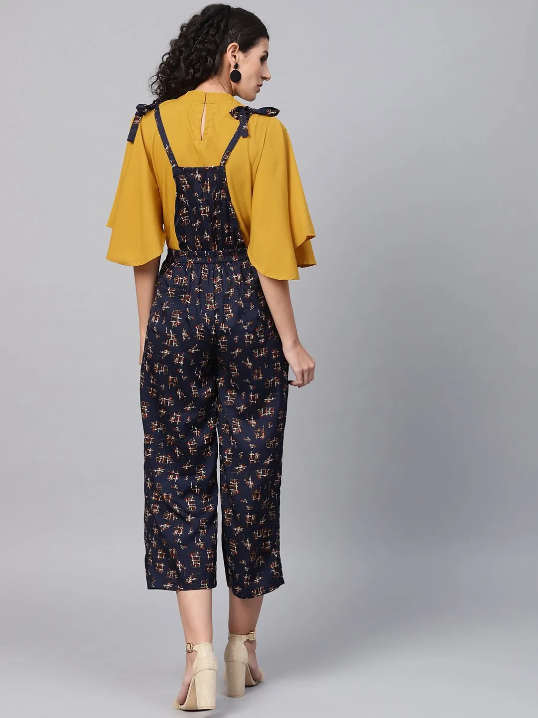 Navy Blue Geometric Printed Knot Style Dungree With Mustard Top