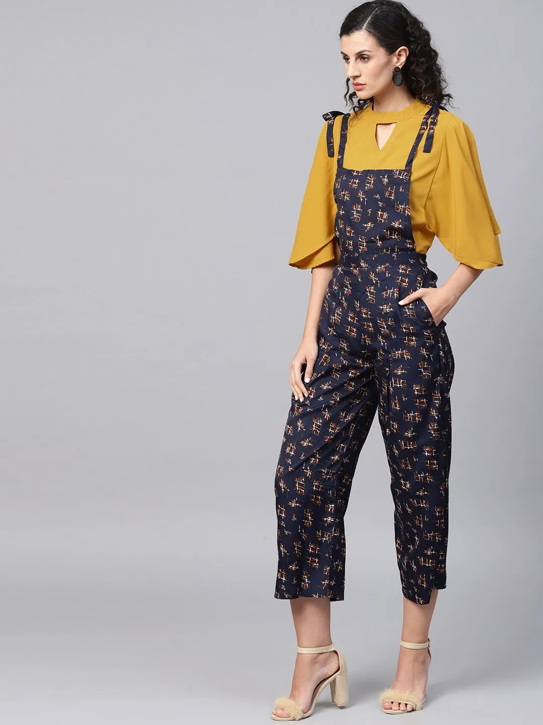 Navy Blue Geometric Printed Knot Style Dungree With Mustard Top