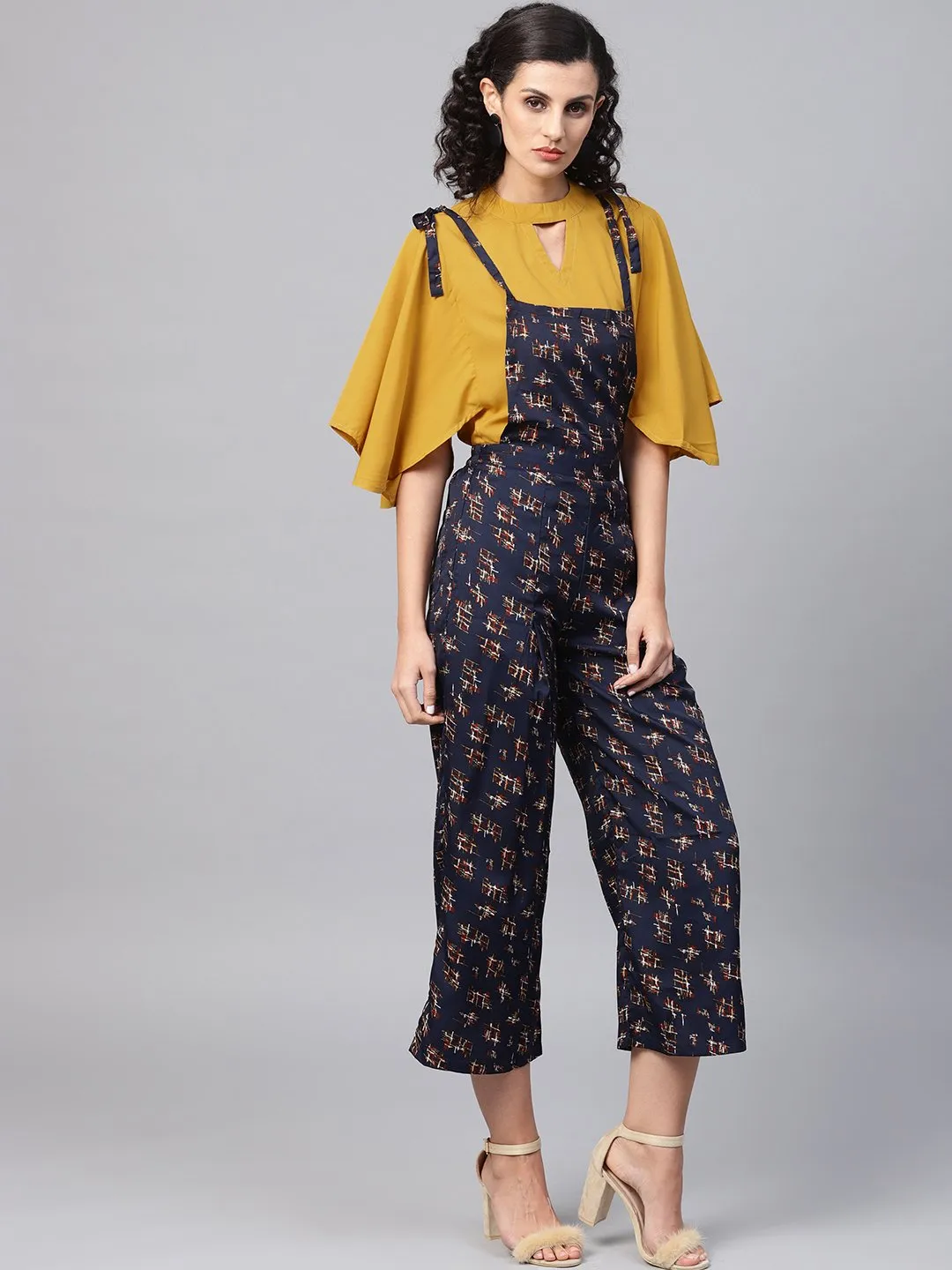 Navy Blue Geometric Printed Knot Style Dungree With Mustard Top