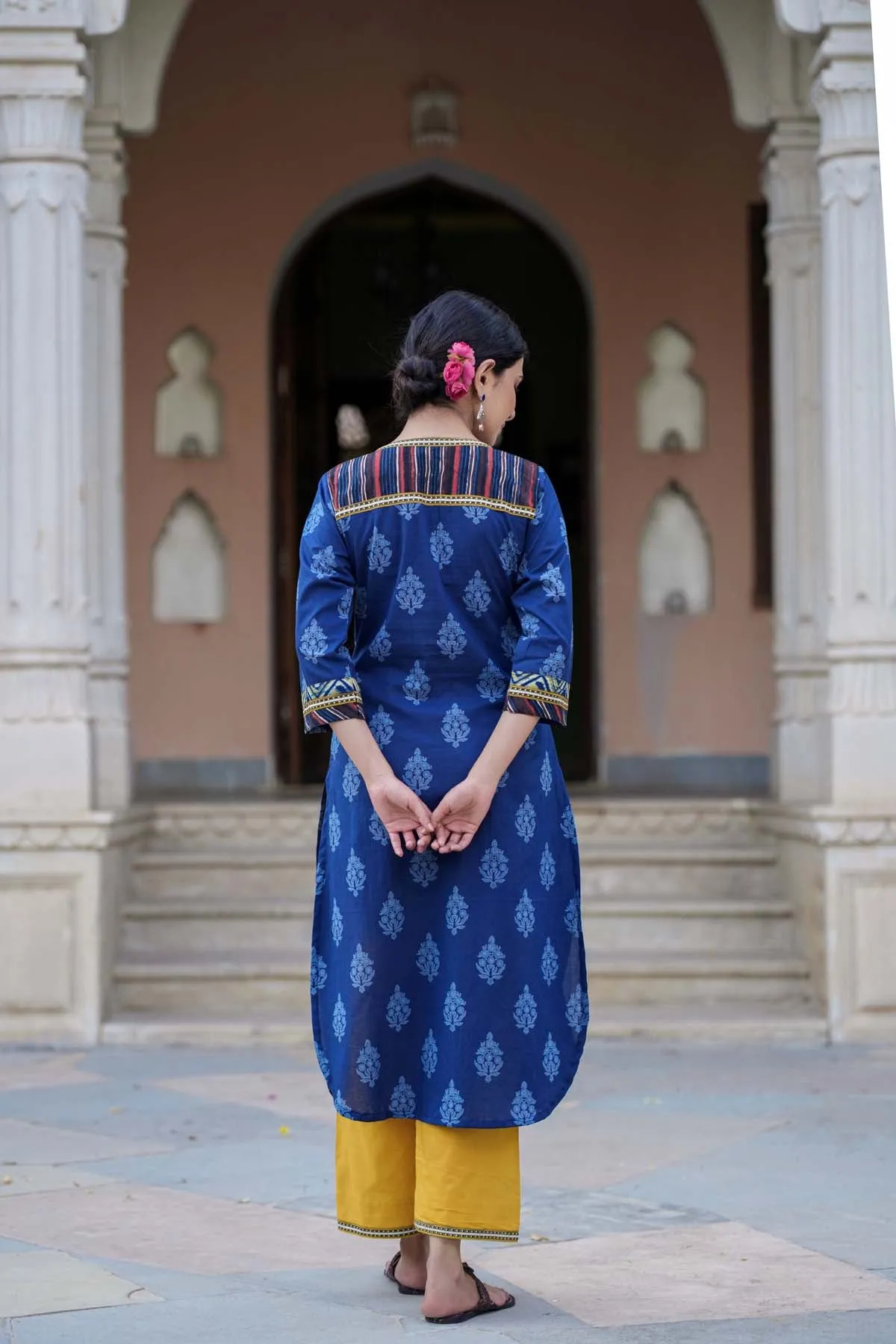 Navy Blue Pathani Style Kurta In Cotton