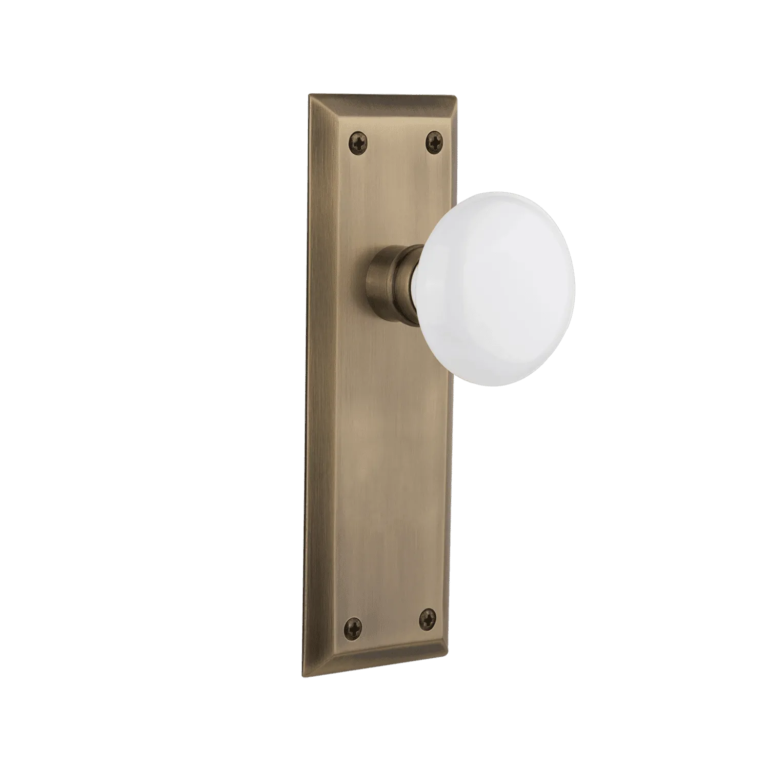 New York Long Plate with White Porcelain Knob in Antique Brass