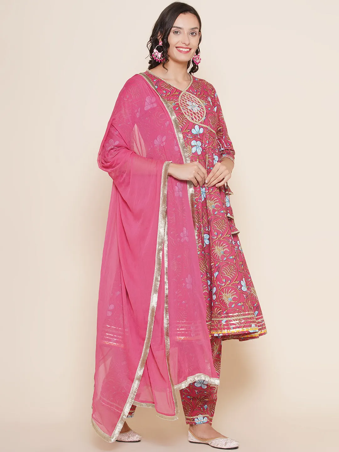 Pink Floral Printed Gotta Detailing Flared Anarkali Kurta & Pink Multi Printed Pant with Dupatta
