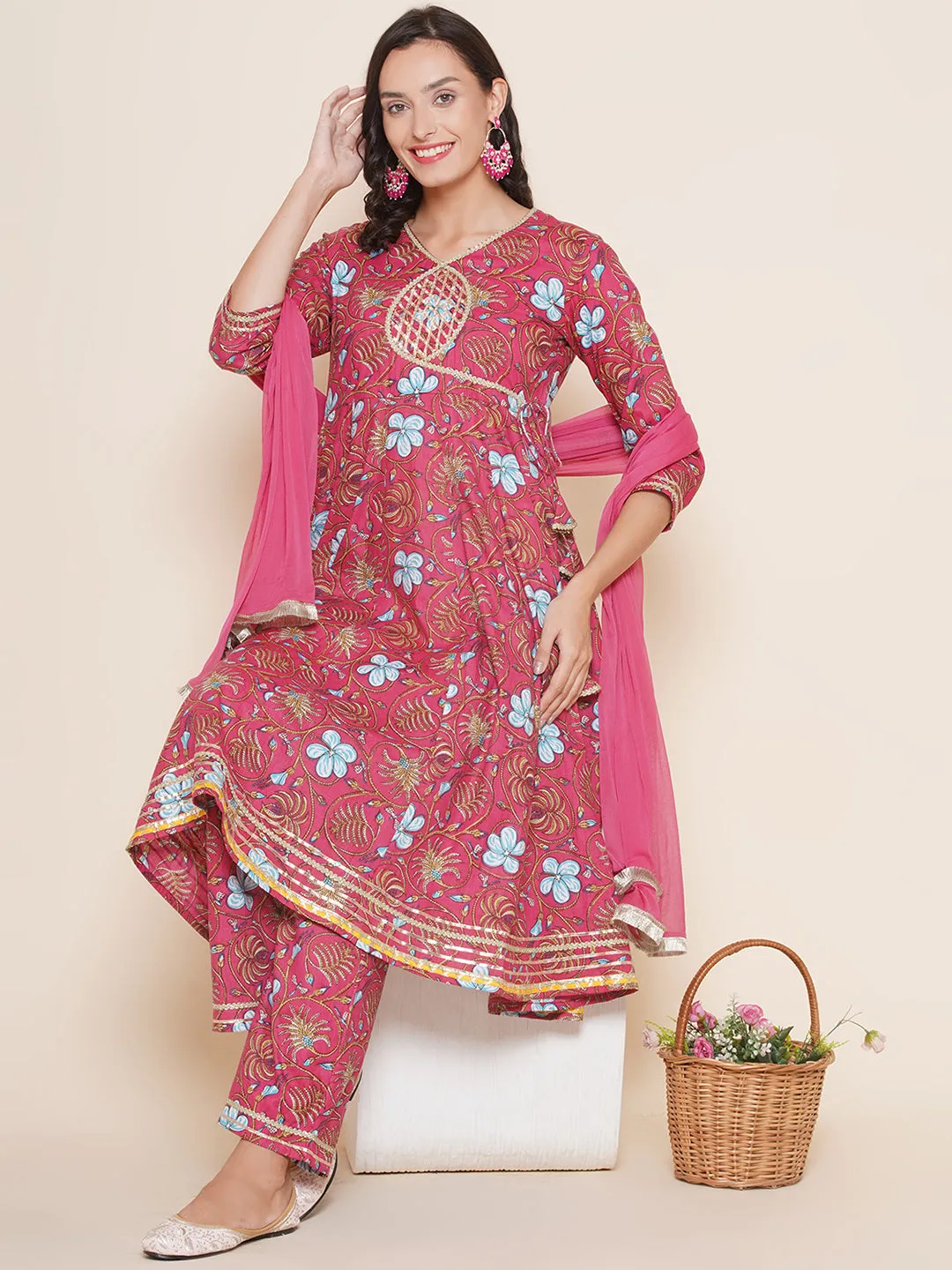 Pink Floral Printed Gotta Detailing Flared Anarkali Kurta & Pink Multi Printed Pant with Dupatta