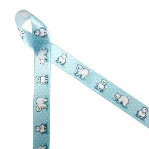 Polar Bear ribbon Polar bears on a blue and white dotted background printed on 7/8" white satin