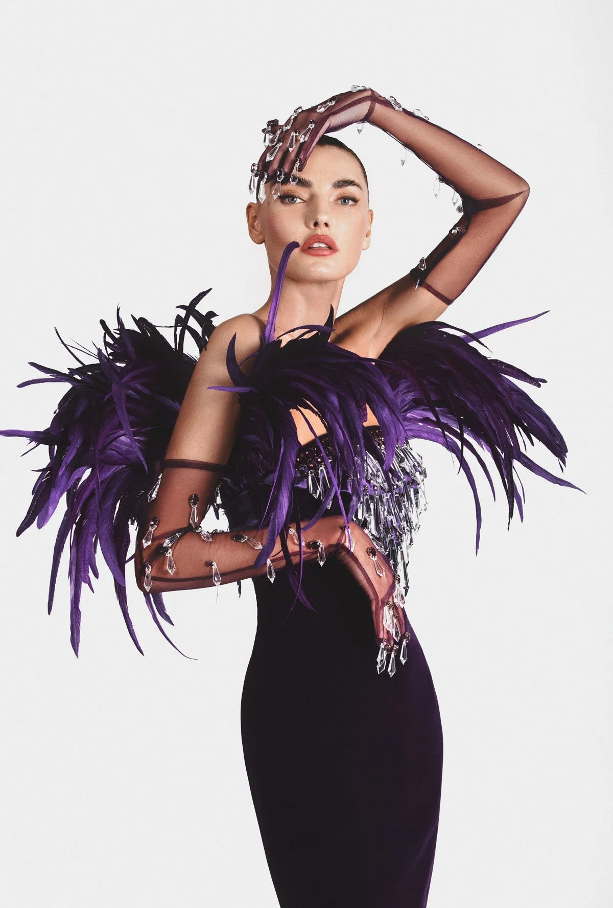 Purple velvet strapless gown, hand embroidered with Swarovski stones, crystal spikes, and finished with coq plumes. Worn with tulle gloves embroidered with stones and dripping crystals