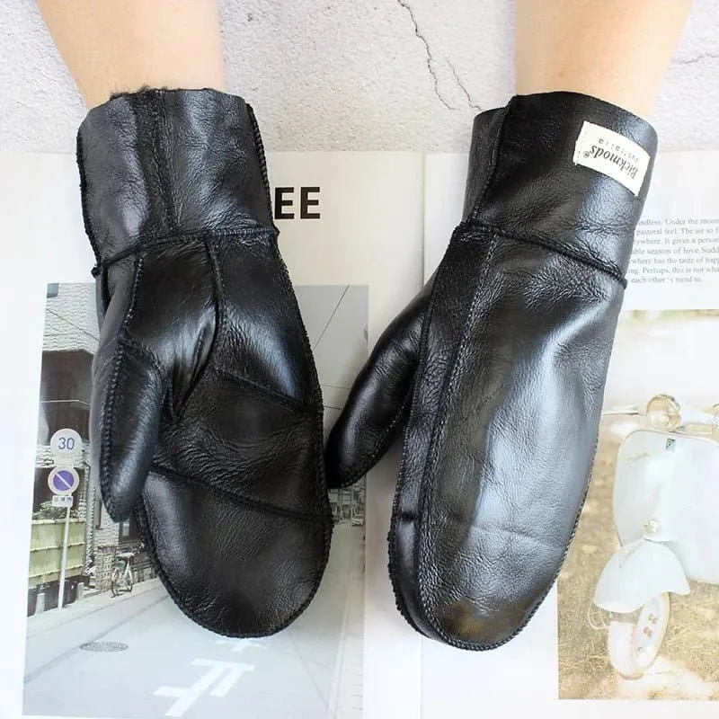 Sheepskin Leather Wool Mittens with Genuine Leather and Sheepskin Fur