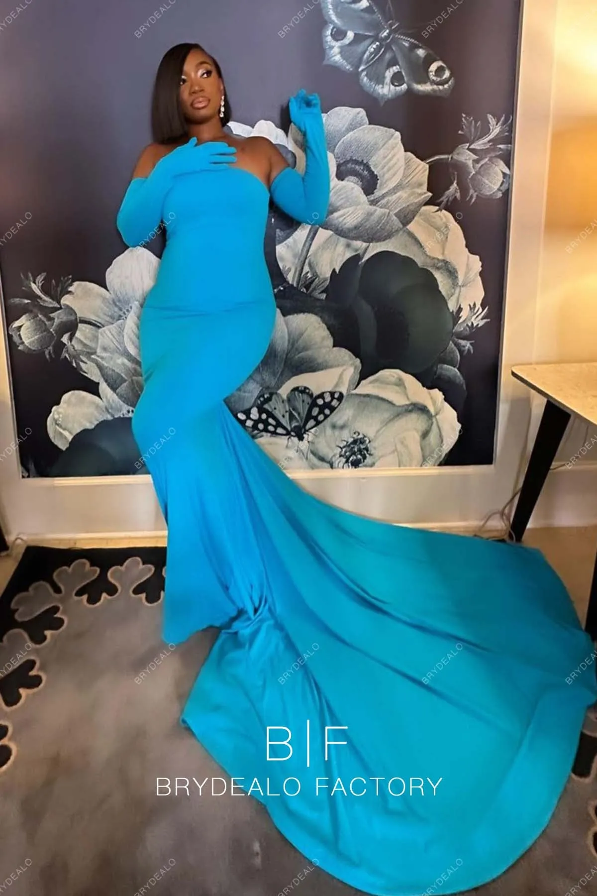 Simple Off Shoulder Blue Long Train Mermaid Elastic Formal Dress