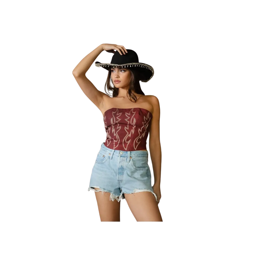 Tic Toc Women's Embroidered Western Corset Dark Red Top